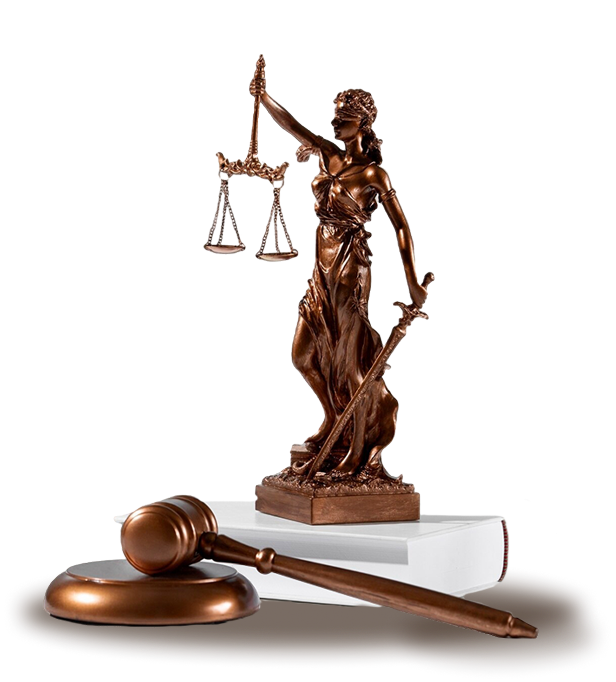 A lady justice figure holding a scale on one hand and a sword on another with a gavel in front of the lady